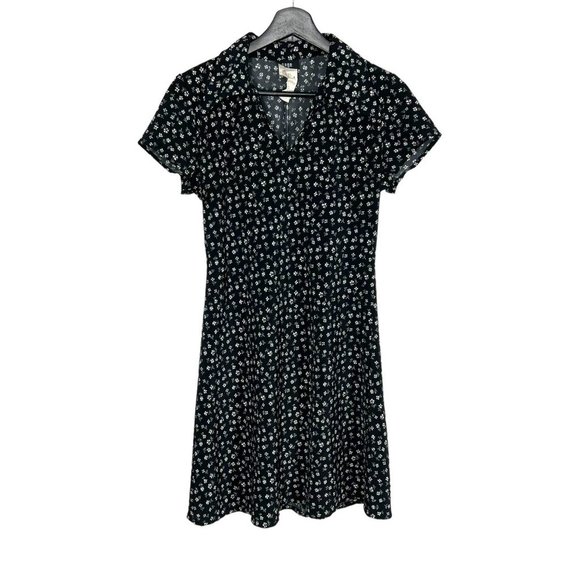 Vintage Dresses & Skirts - Vintage 90s Black White Micro Floral Short Sleeve Collared Knee Length Dress Sma